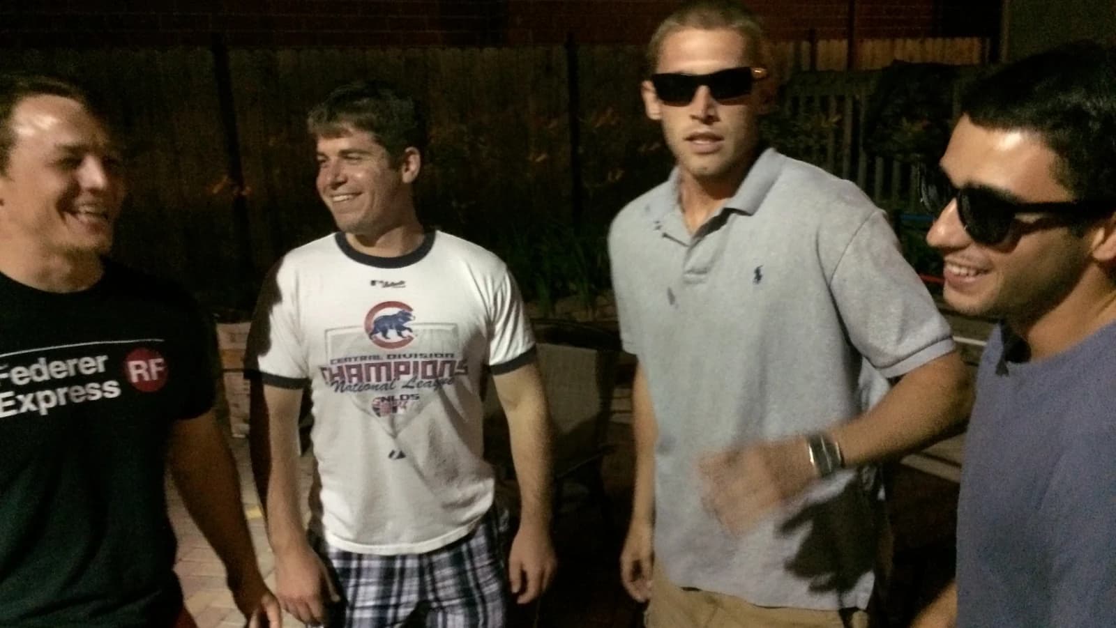 Gabe, Stump, Sam, and Metro walking together at night