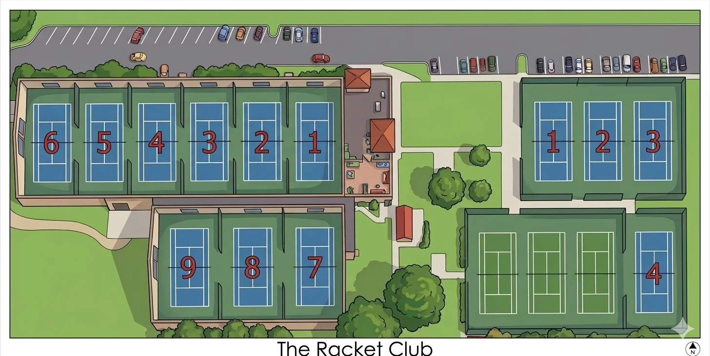 Court map of The Racket Club showing 9 indoor courts on the left and 4 outdoor courts on the right